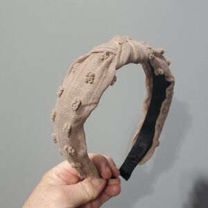 New boutique knotted pom-pom flexible headband tan